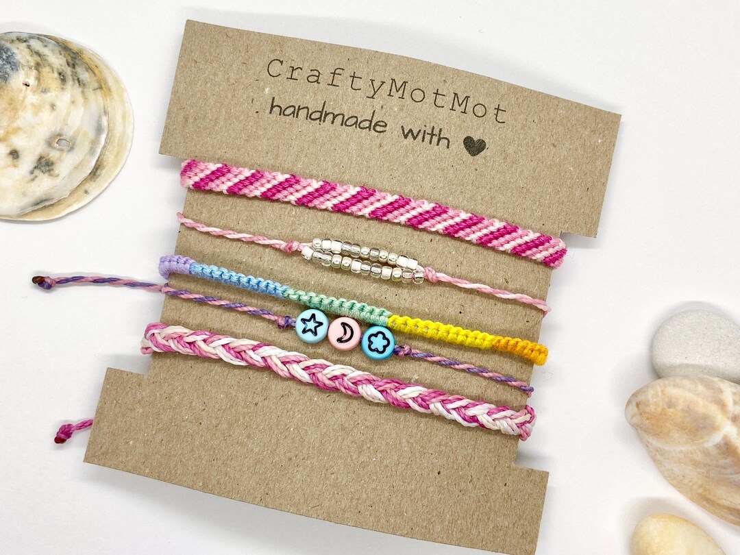 String Bracelet Stack Pink Friendship Bracelet Stack: Woven Vegan Jewelry With Seed Beads - Etsy