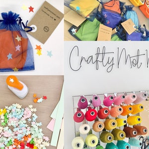 a series of photos showing my craftymotmot studio where I make their item, the materials I use to handmade and package their item, and gift wrap the order. spools cotton are shown. recycled card gift tags and handmade confetti to make this gift ready