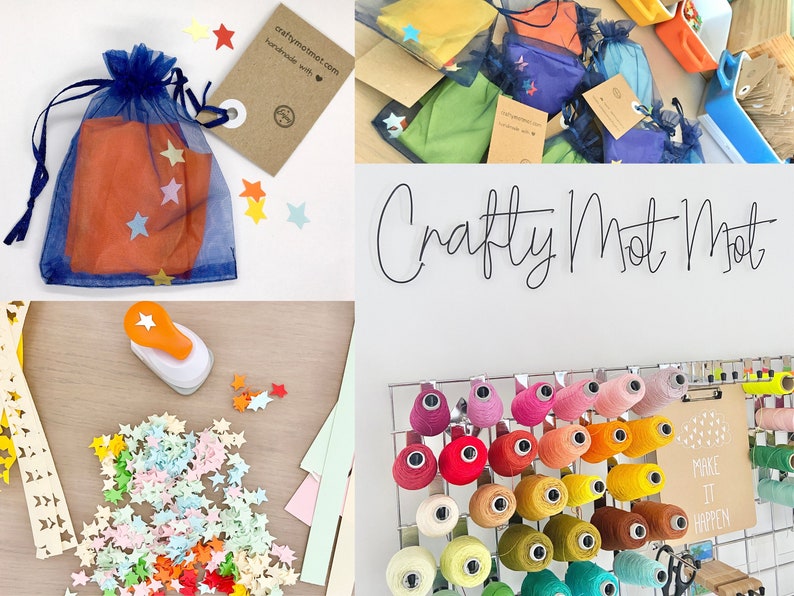 a series of photos showing my craftymotmot studio where I make their item, the materials I use to handmade and package their item, and gift wrap the order. spools cotton are shown. recycled card gift tags and handmade confetti to make this gift ready