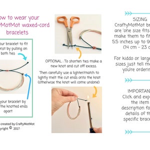 a graphic instructing the customer on how to tighten and shorten their adjustable wristband should they choose to. photo guide and text to tell the customer about the different ways in which they can fasten their bracelet with a specialised knot