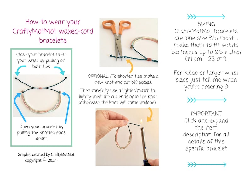 a graphic instructing the customer on how to tighten and shorten their adjustable wristband should they choose to. photo guide and text to tell the customer about the different ways in which they can fasten their bracelet with a specialised knot