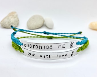 2 Personalised Text Bracelets, Custom Silver Aluminium Metal Bar on Woven Band, Couple Gift for Best Friend, Pair of Coordinate Wristbands