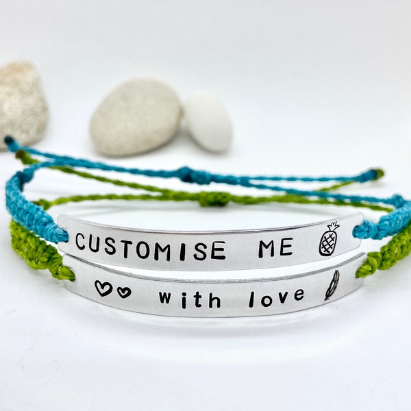 2 Personalised Text Bracelets, Custom Silver Aluminium Metal Bar on Woven Band, Couple Gift for Best Friend, Pair of Coordinate Wristbands