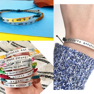 3 photos of bracelet examples. Model wearing word bracelet on wrist. A stack of personalised mantra bracelets. A pair of couple bracelets customised.