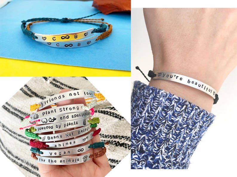 3 photos of bracelet examples. Model wearing word bracelet on wrist. A stack of personalised mantra bracelets. A pair of couple bracelets customised.