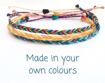 Custom Fishtail Bracelet, Your Colours Handmade Waterproof Waxed String Adjustable Wristband, Stacking Bracelets, Unisex Casual Jewellery