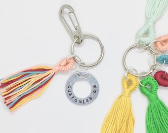 Custom Word Keyring, Personalised Colourful Tassel and Stamped Tag Keychain, Bag Purse Charm, New Home New Car, Kids Backpack Accessory