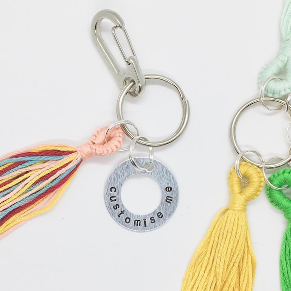 Custom Word Keyring, Personalised Colourful Tassel and Stamped Tag Keychain, Bag Purse Charm, New Home New Car, Kids Backpack Accessory