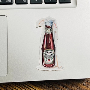 May include: A watercolor illustration of a Heinz Tomato Ketchup bottle with a red label and a red cap. The bottle is on a white background.
