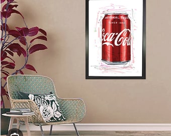 Coca Cola Can Illustration Print, Mixed Media Art, A4 Recycled Card Poster