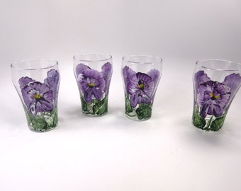 Set of 4 small garden floral PANSY design bell shaped juice glasses.