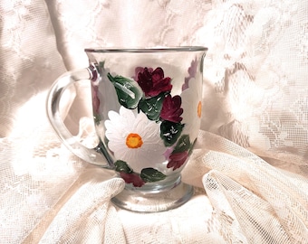16 oz. Handpainted red rose white daisy  floral design coffee mug.