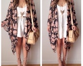 Sheer Black Rose floral mid length kimono/ bikini coverup/ bohemian style/ festival style
