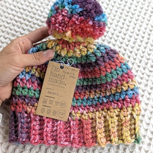 Crochet Rainbow Toddler Beanie with Pom Pom: Soft Acrylic Hat