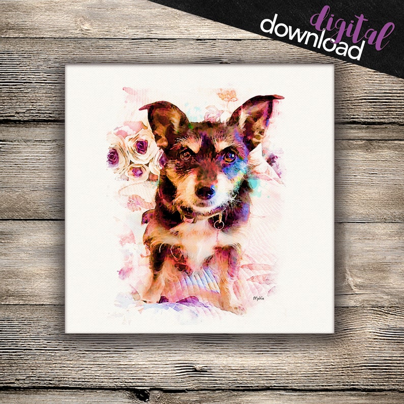 May include: A digital download print featuring a watercolor-style illustration of a small, dark-furred dog with pointed ears and a collar, set against a background of soft pink and white floral patterns with the text digital download.