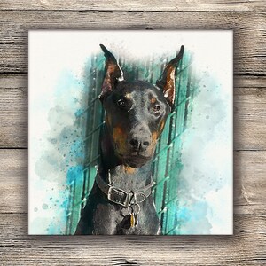 May include: A square canvas print featuring a watercolor-style illustration of a black and tan Doberman Pinscher dog. The dog has upright ears, a dark leather collar with a metal tag, and is set against a teal and white abstract background.