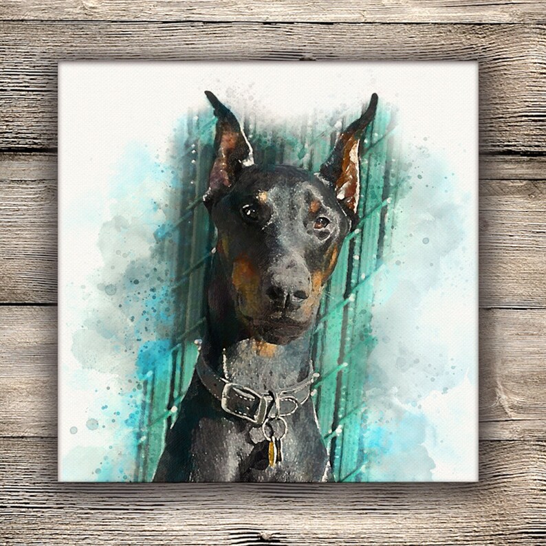 May include: A square canvas print featuring a watercolor-style illustration of a black and tan Doberman Pinscher dog. The dog has upright ears, a dark leather collar with a metal tag, and is set against a teal and white abstract background.