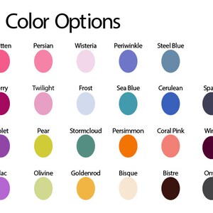 May include: A color chart titled Color Options featuring twenty-four circular swatches labeled with names including Smitten, Persian, Wisteria, Periwinkle, Steel Blue, Berry, Twilight, Frost, Sea Blue, Cerulean, Space, Violet, Pear, Stormcloud, Persimmon, Coral Pink, Wine, Lilac, Olivine, Goldenrod, Bisque, Bistre, and Onyx.