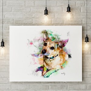 May include: A rectangular canvas print featuring a watercolor-style illustration of a tan dog with pointed ears and a dark collar. The artwork displays vibrant splashes of green, pink, and blue paint around the dog, with the name molly written below.