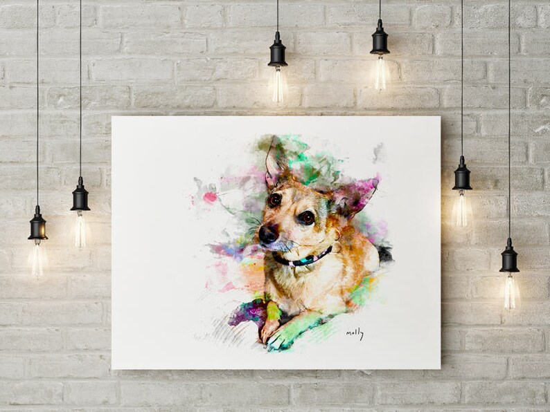 May include: A rectangular canvas print featuring a watercolor-style illustration of a tan dog with pointed ears and a dark collar. The artwork displays vibrant splashes of green, pink, and blue paint around the dog, with the name molly written below.