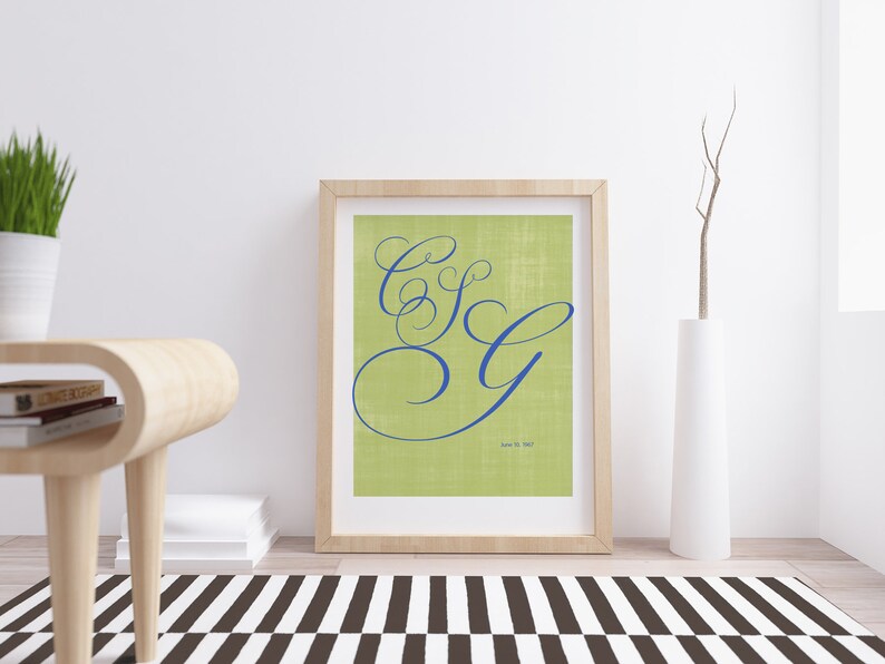 Monogram Giclée Print for Couples wedding, anniversary, custom, modern, home decor, wall art image 1