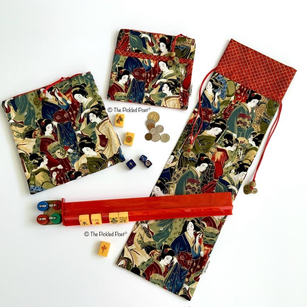Mahjong ꧁ MOMIJI Geishas ~ Rack Bag, Tile Bag, Coin/Card Purse set ꧂ Mah Jongg