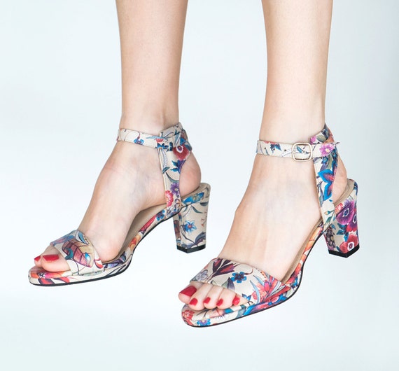 Leather sandals women floral shoes heeled sandals women Etsy