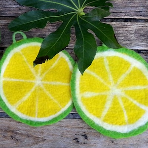 Puede incluir: Una bandeja verde con diseño floral contiene una variedad de frutas y verduras, incluyendo tomates, aguacates, limones, naranjas y ajo. Dos rodajas de limón de fieltro amarillo y verde están sobre una superficie de madera.