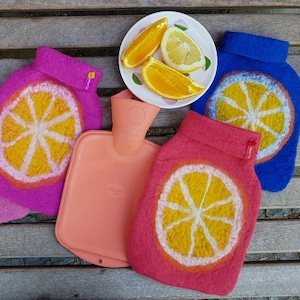 Hot water bottle with felted cover, slice of orange