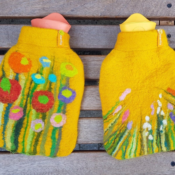 Hot water bottle with felted cover, grass and flowers, yellow