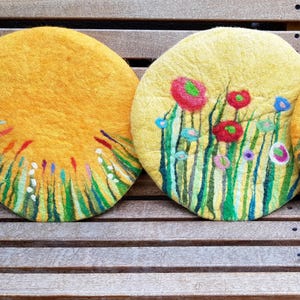 Handfelted Seat Cushion with flowers and grass, yellow