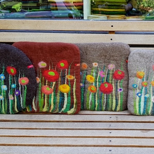 Handfelted Seat Cushion with flowers and grass, SUMMER, brown