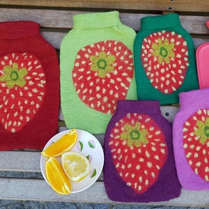 Hot water bottle with felted cover, strawberry
