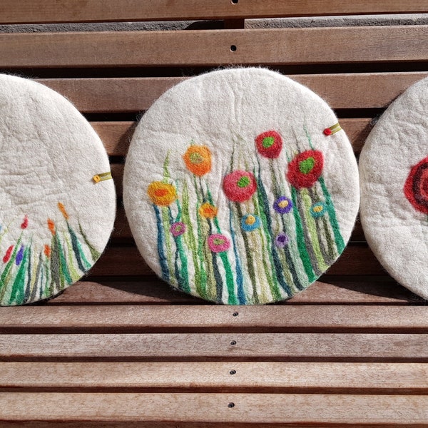 Handfelted Seat Cushion with flowers and grass, white