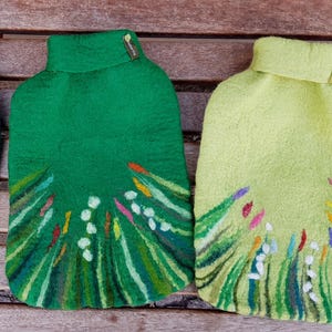 Hot water bottle with felted cover, SPRING, green