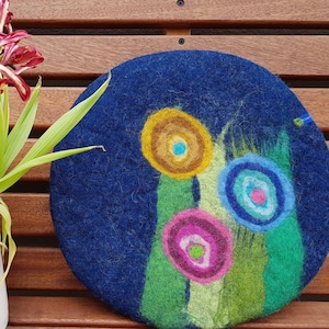 Handfelted Seat Cushion with grass and flowers, FALL, blue