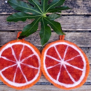 Puede incluir: Una bandeja verde con diseño floral contiene una variedad de frutas y verduras, incluyendo tomates, limones, naranjas, ajo y aguacate. Dos posavasos de fieltro naranja y blanco con forma de rodajas de naranja están sobre una superficie de madera.