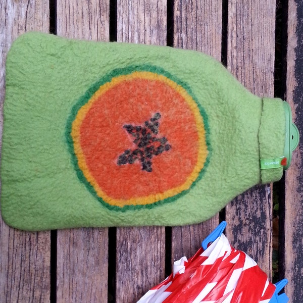 Hot water bottle with felted cover, Papaya