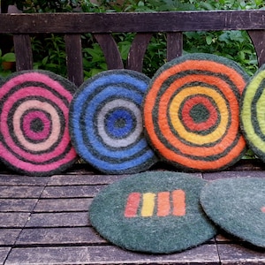 Handfelted Seat Cushion with coloured pattern mix on dark green