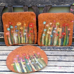 Handfelted Seat Cushion with flowers and grass, copper