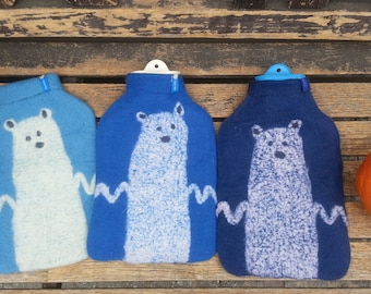Hot water bottle with felted cover, polar bear, blue