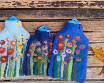 Hot water bottle with felted cover, grass and flowers, blue