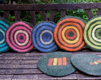 Handfelted Seat Cushion with coloured pattern mix on dark green