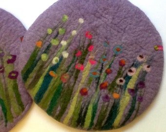 Handfelted Seat Cushion with flowers an grass, purple