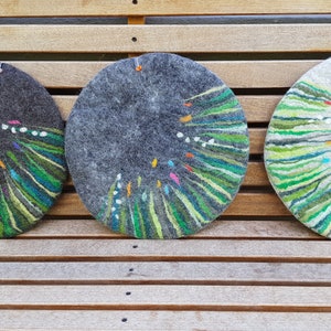 Handfelted Seat Cushion with grass and flowers SPRING, gray