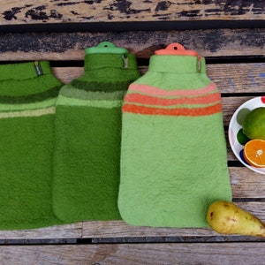 Hot water bottle with felted cover, stripes, green