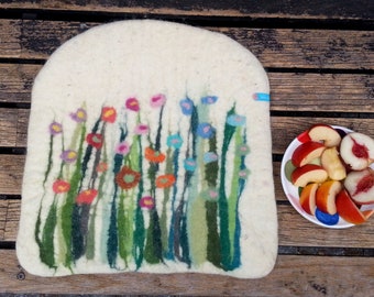 Handfelted Seat Cushion with flowers an grass, white