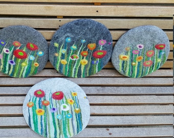 Handfelted Seat Cushion with flowers an grass SUMMER, gray