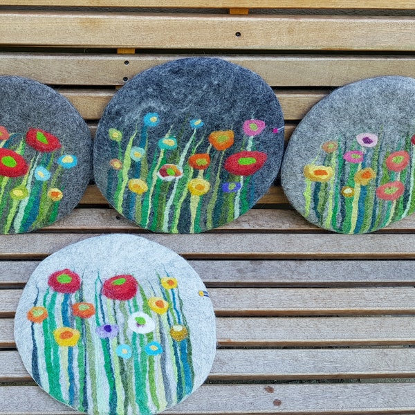 Handfelted Seat Cushion with flowers an grass SUMMER, gray