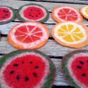 Pode incluir: Nove  tapetes de feltro com desenhos de frutas. Os tapetes são redondos e apresentam fatias de melancia, laranja e toranja.